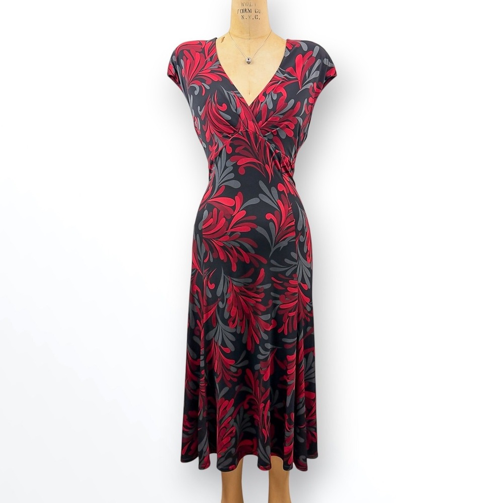 90s Abstract Midi Dress Surplice Neck Shoulder Pads Dark Romantic Maximalist M L